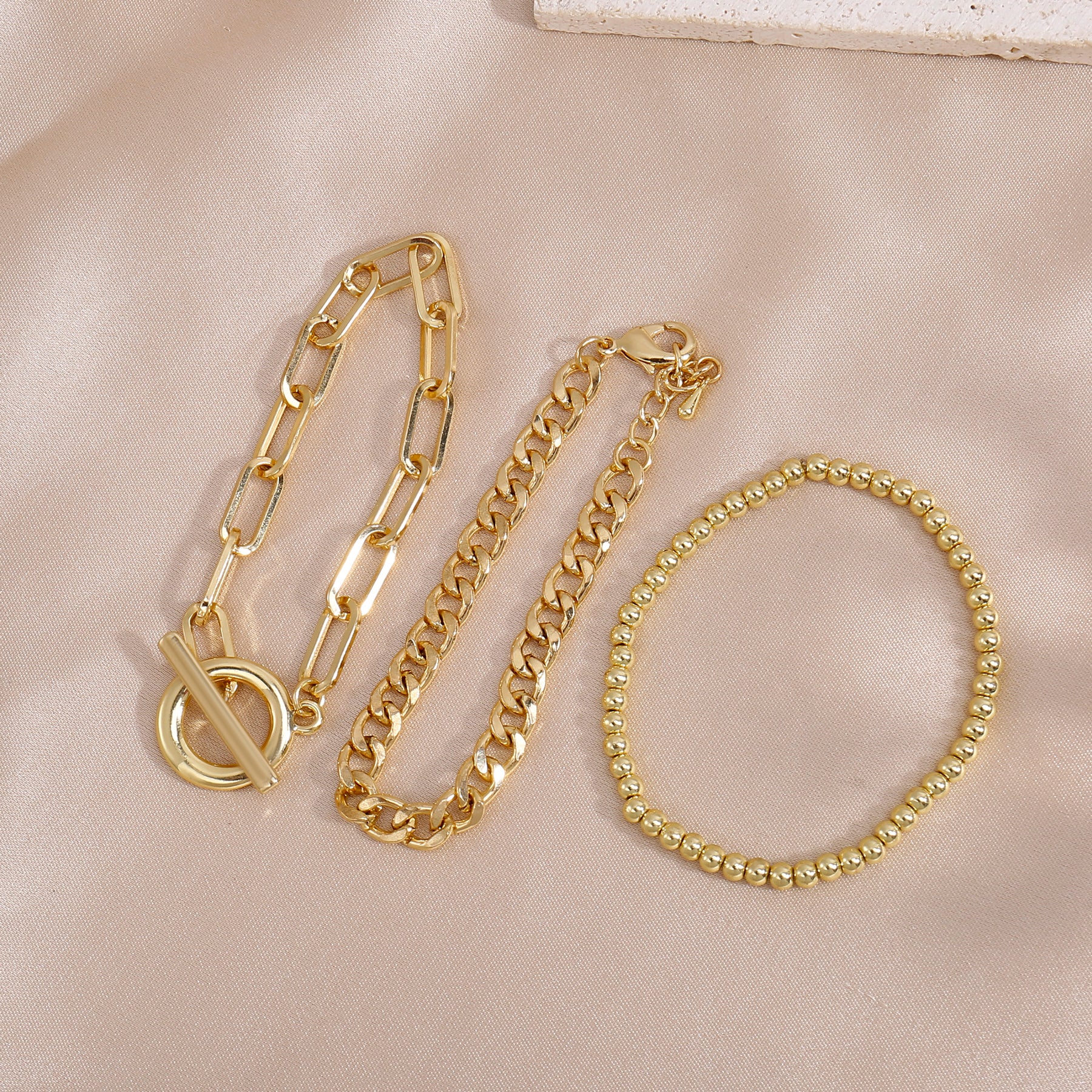 3pc Gold Chain & Toggle Bracelet Set - Image 2