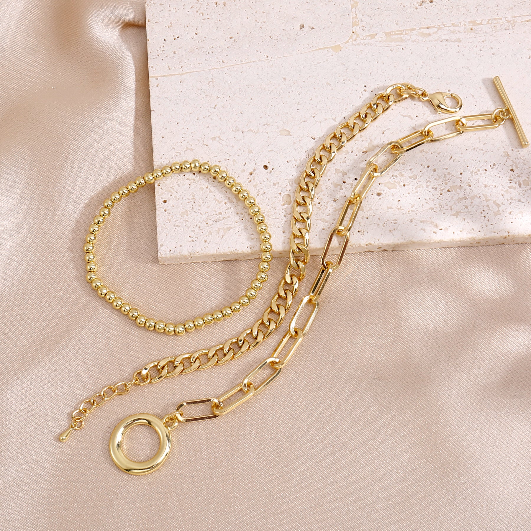 3pc Gold Chain & Toggle Bracelet Set - Image 3