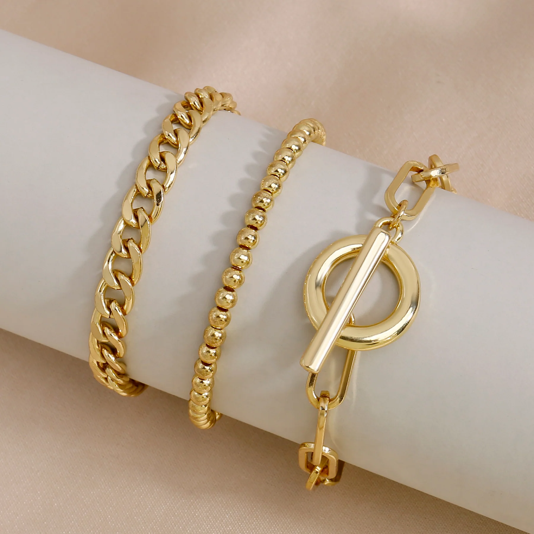 3pc Gold Chain & Toggle Bracelet Set - Image 4