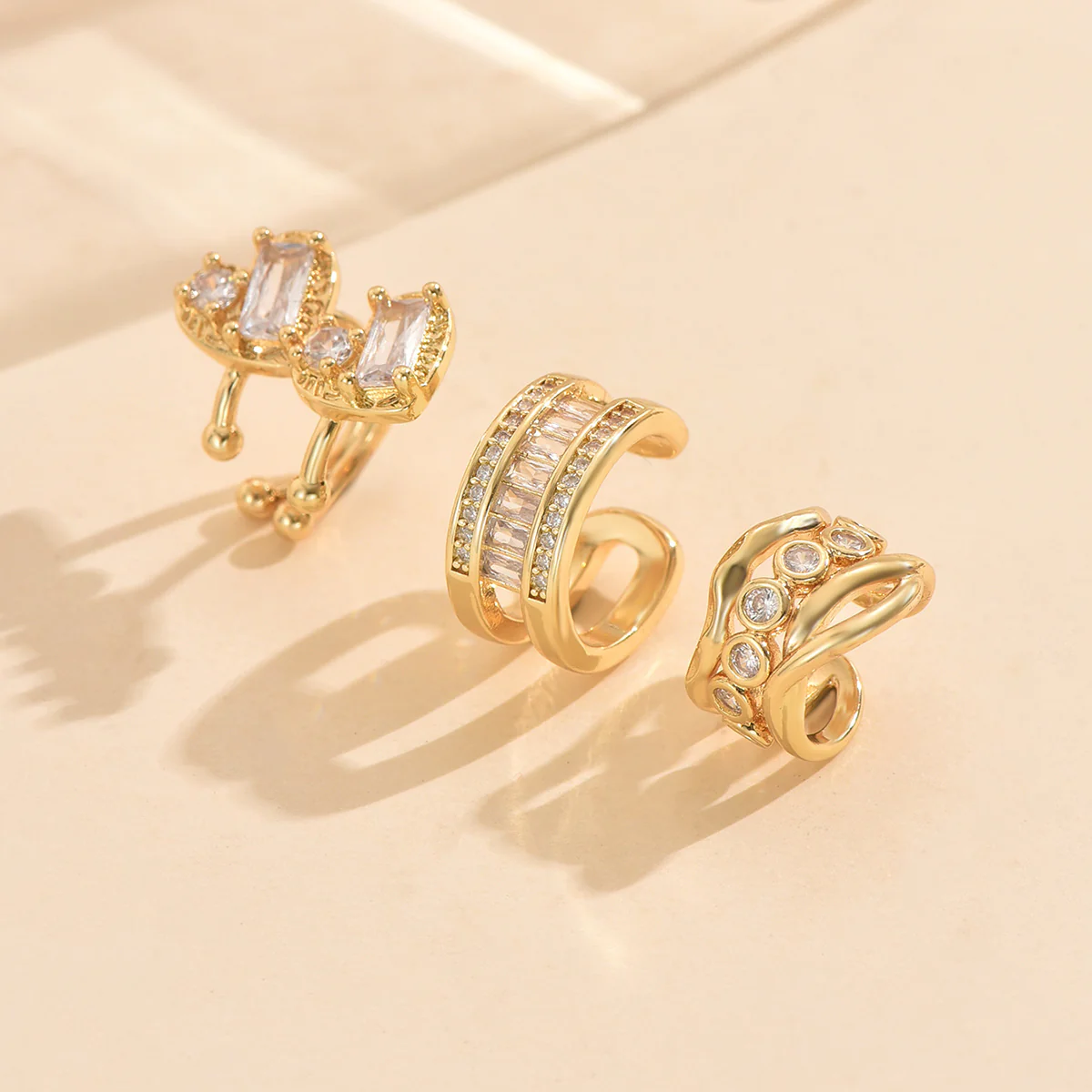 3pc Gold Crystal Cuff Earring Set - Image 3