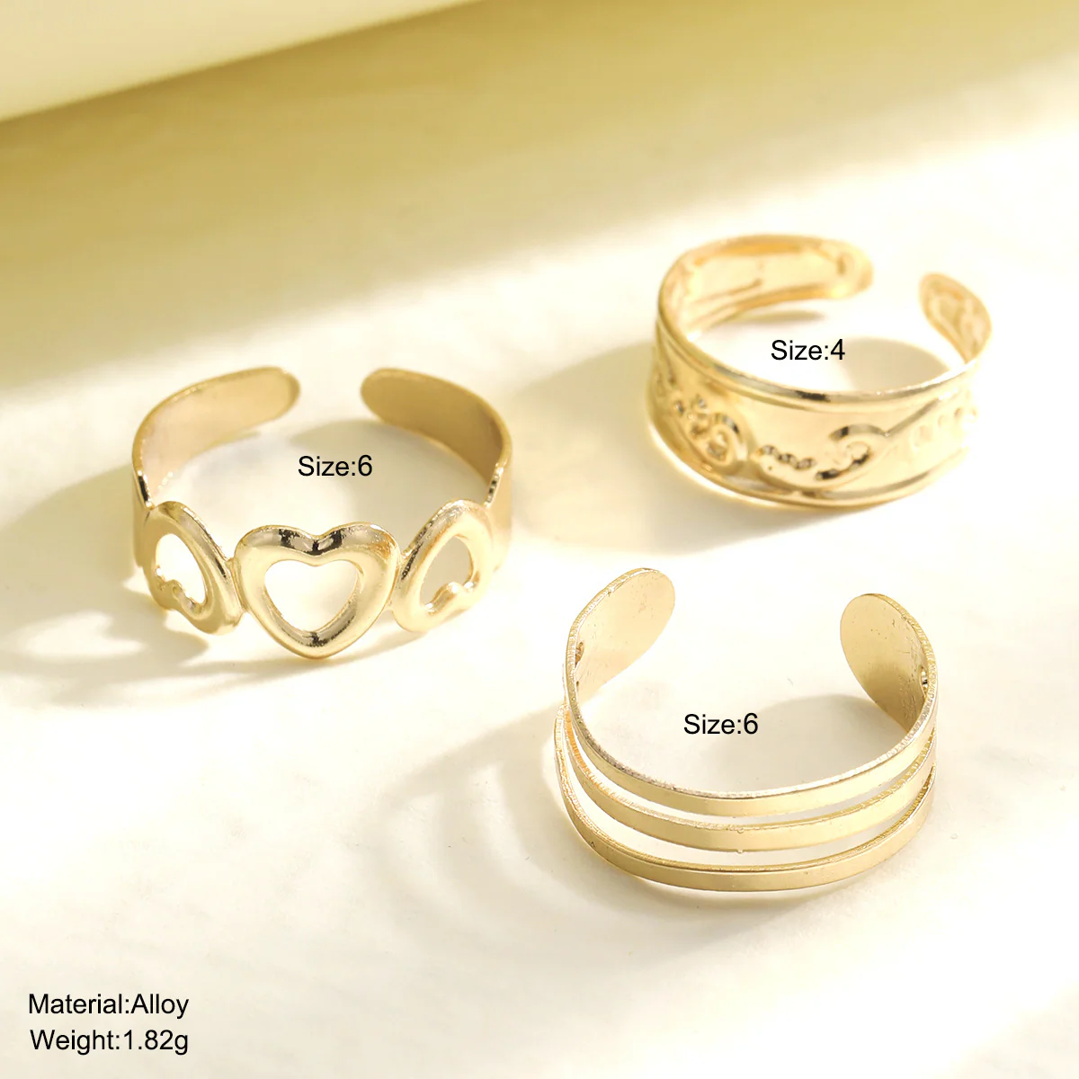3pc Gold Heart & Band Toe Ring Set - Image 2