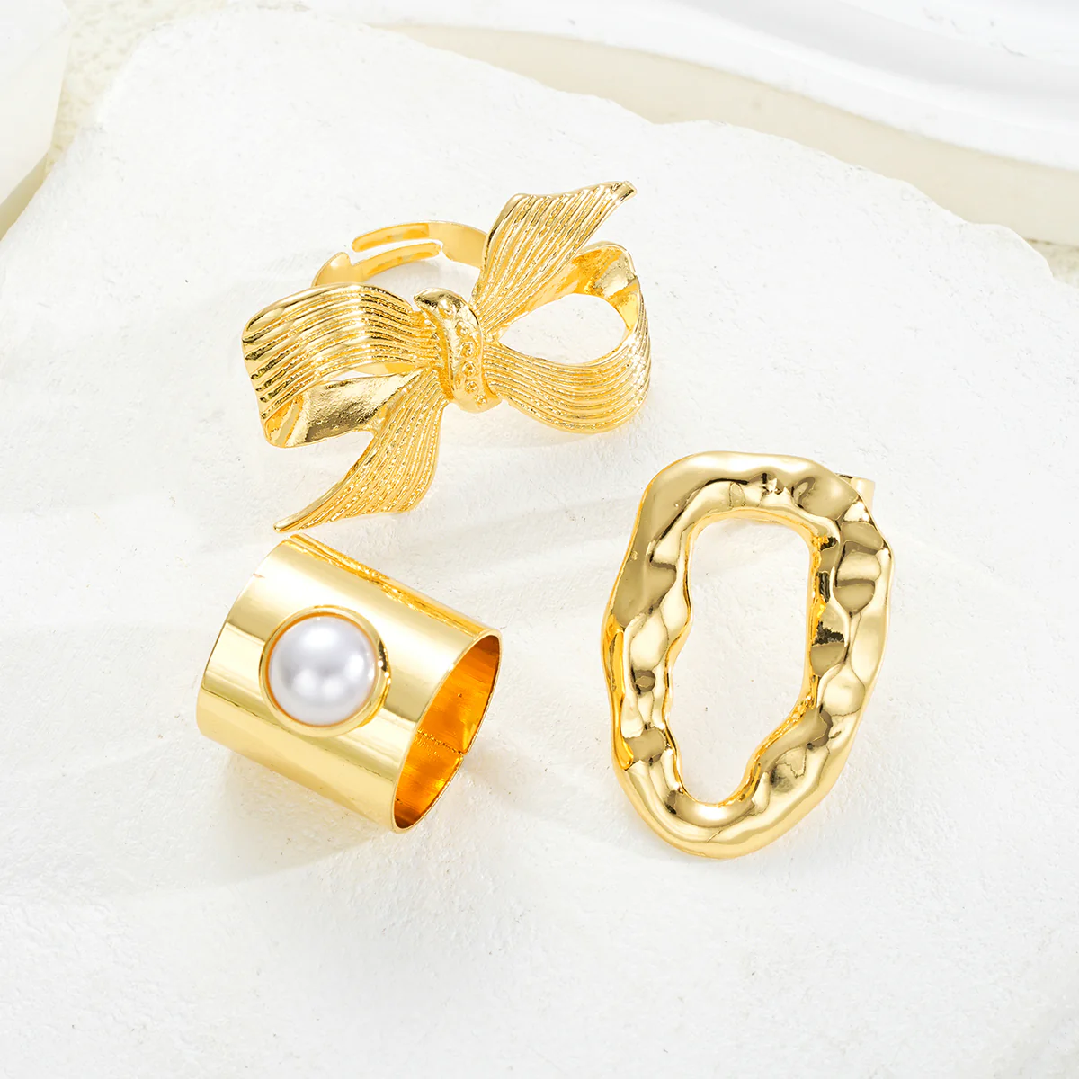 3pc Gold Statement Ring Set – Bow, Pearl & Abstract - Image 2