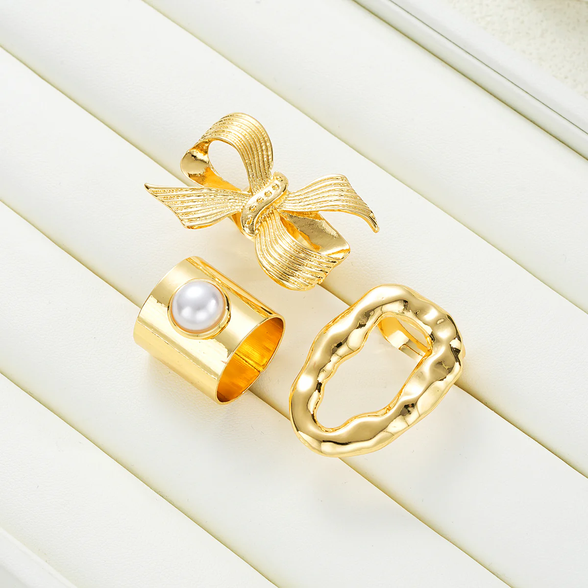 3pc Gold Statement Ring Set – Bow, Pearl & Abstract - Image 3