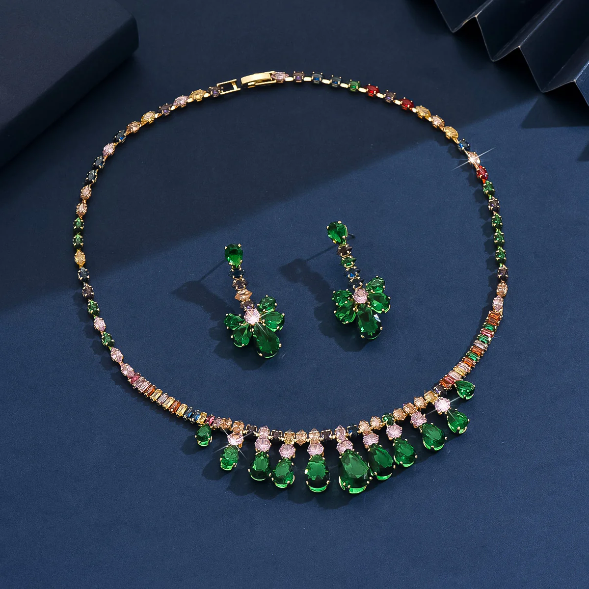 3pc Green Zircon Water Drop Jewelry Set - Image 2
