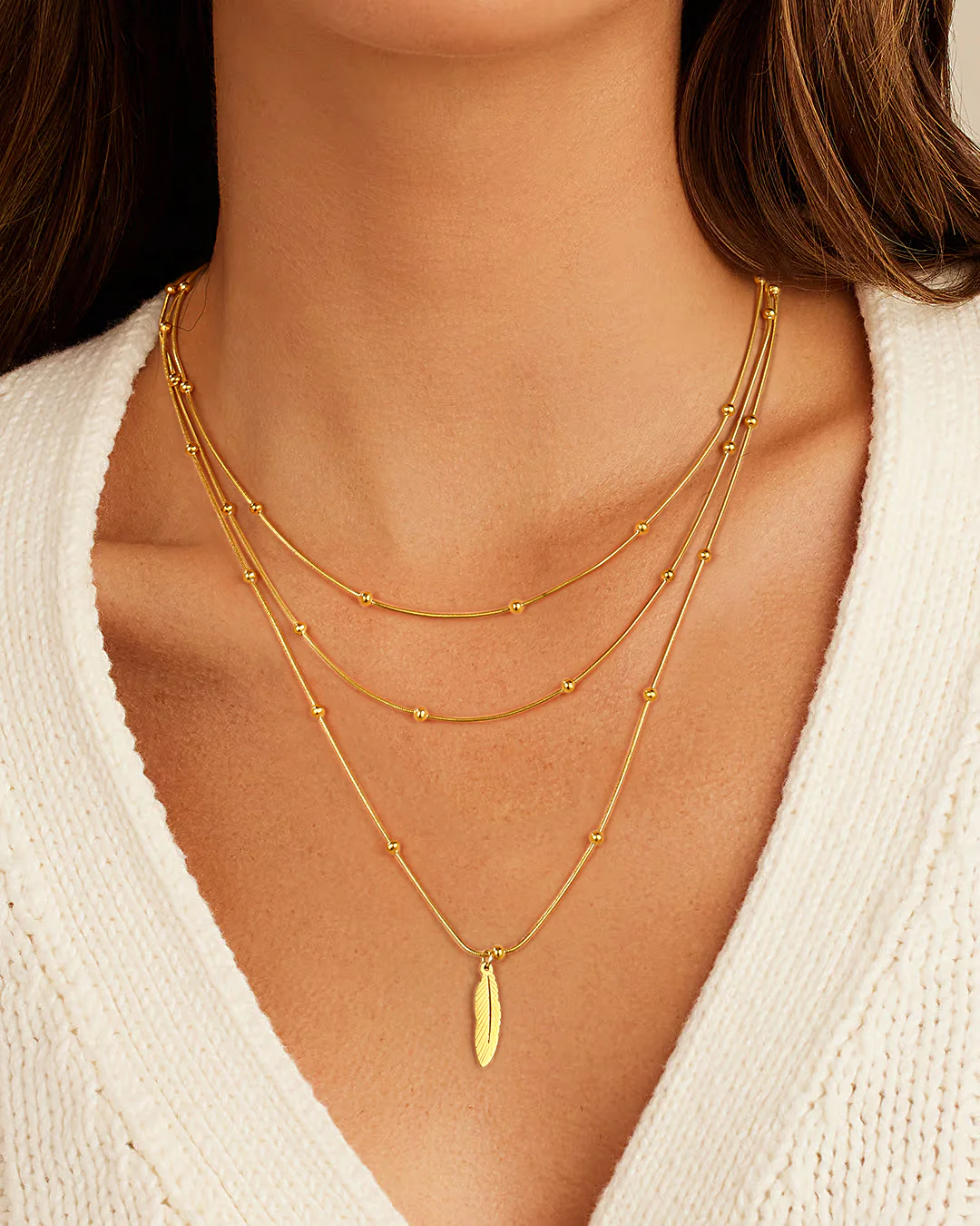 3pc Layered Feather Pendant Necklace Set