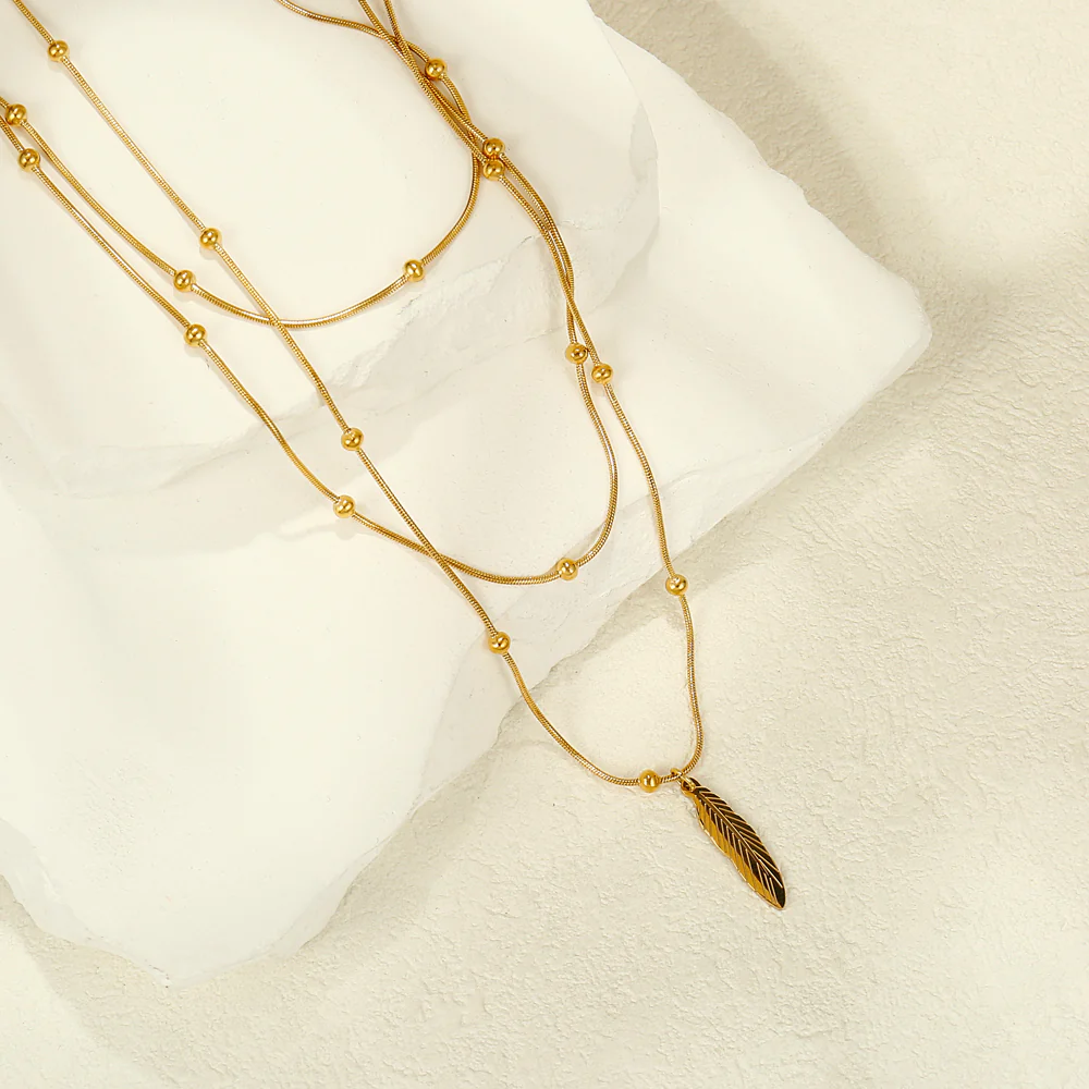 3pc Layered Feather Pendant Necklace Set - Image 2