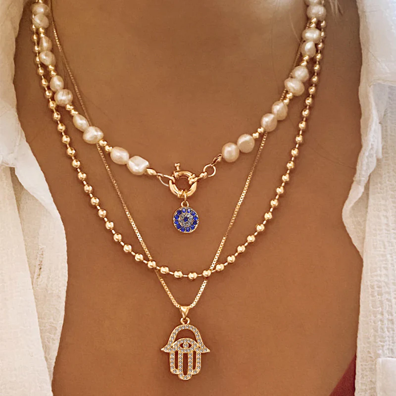3pc Layered Hamsa & Pearl Necklace Set