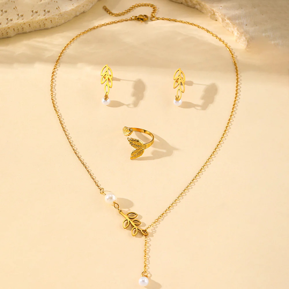 3pc Leaf Pearl Drop Jewelry Set - Image 3