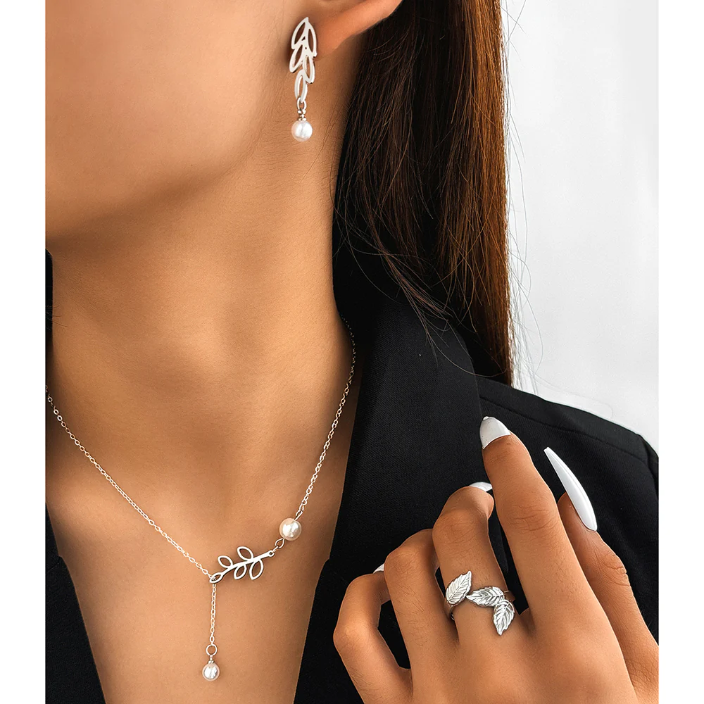 3pc Leaf & Pearl Jewelry Set - Image 2