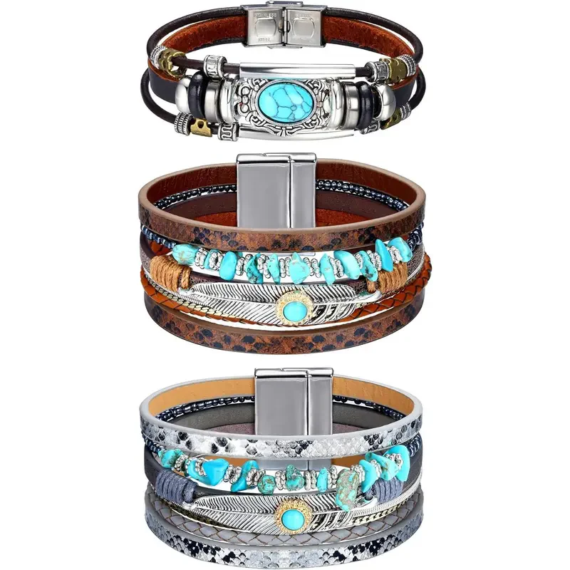 3pc Leather Wrap Bracelet Set - Image 3