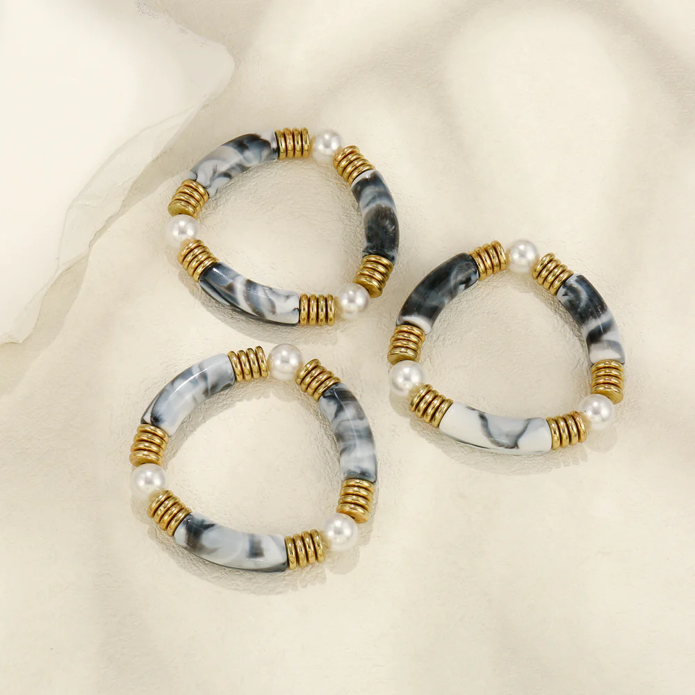 3pc Marble Tube & Pearl Bracelet Set - Image 2