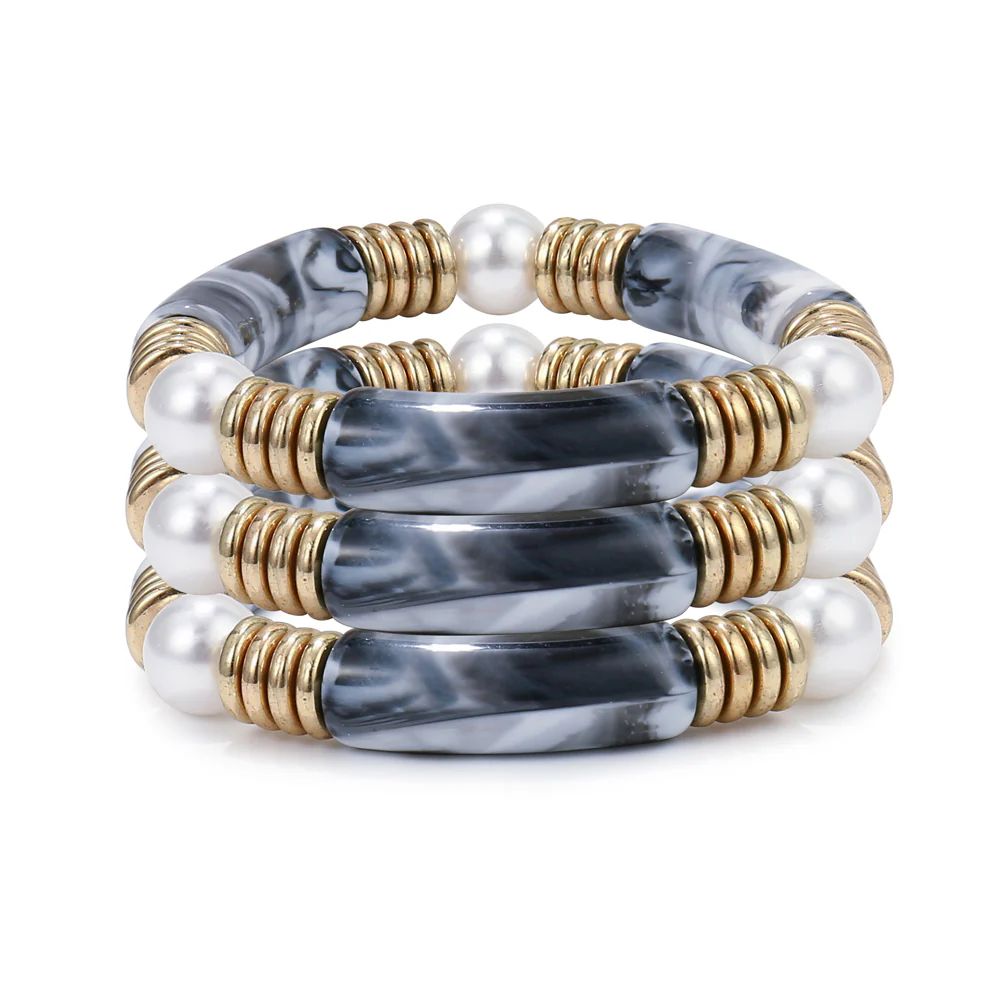 3pc Marble Tube & Pearl Bracelet Set - Image 3