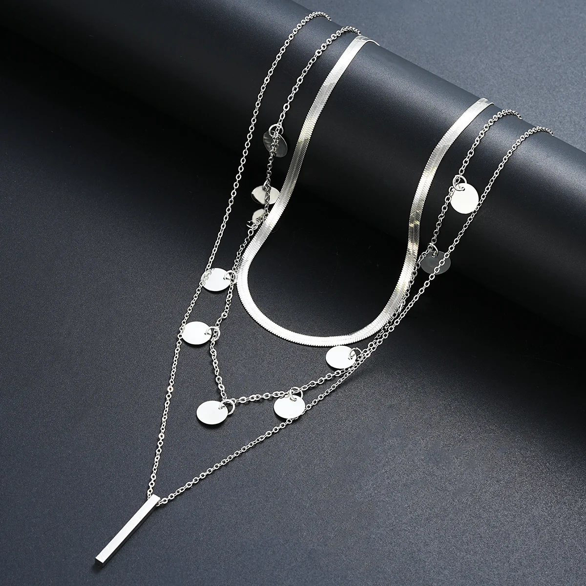 3pc Minimalist Disc & Bar Layered Necklace - Image 2