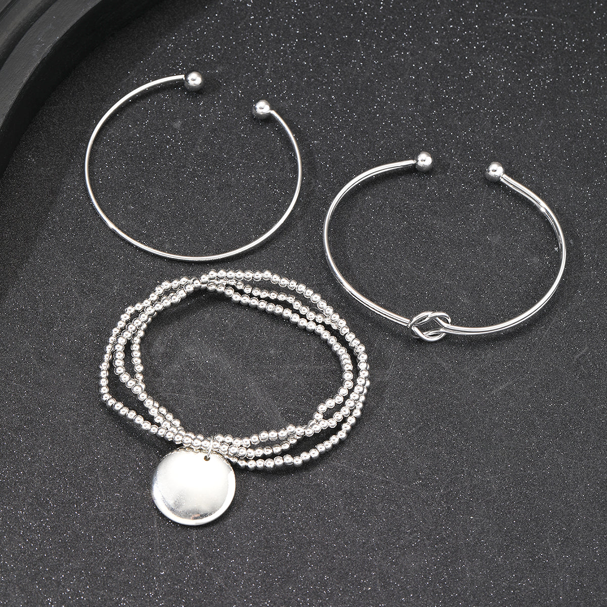 3pc Minimalist Silver Bangle & Beaded Bracelet Set - Image 2