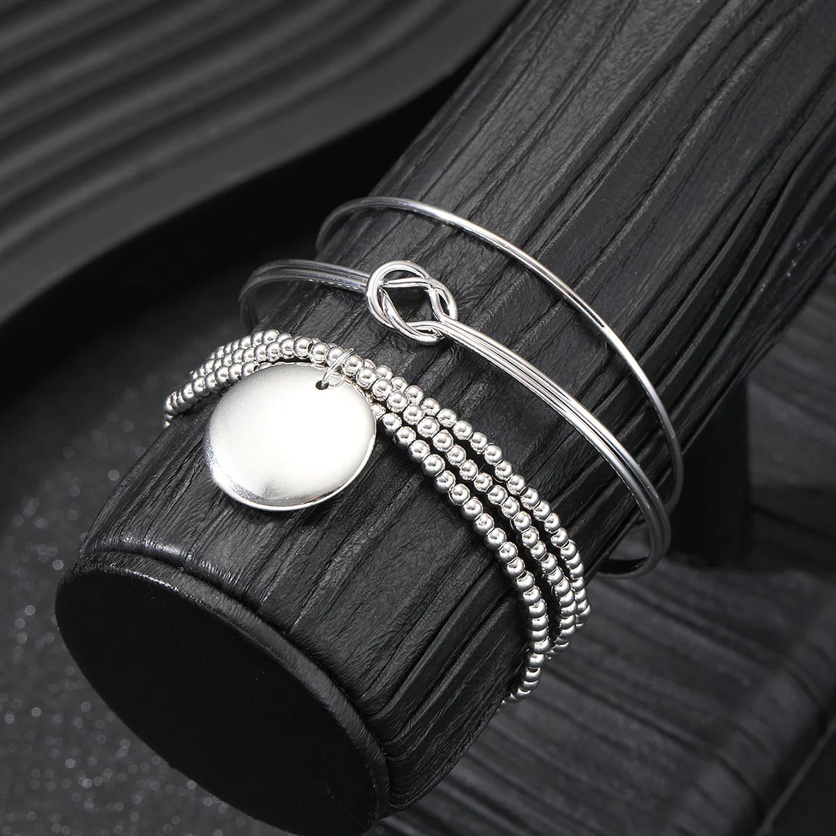 3pc Minimalist Silver Bangle & Beaded Bracelet Set - Image 3