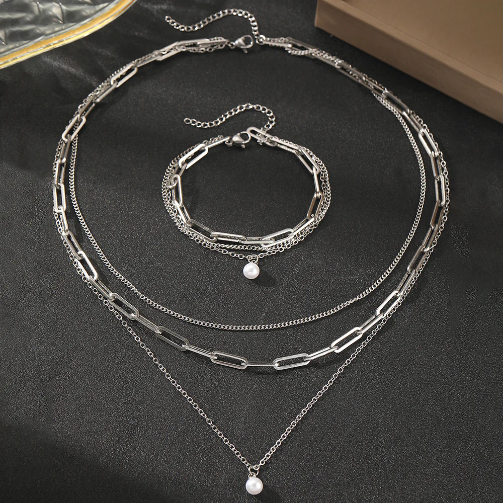 3pc Pearl & Chain Jewelry Set - Image 4