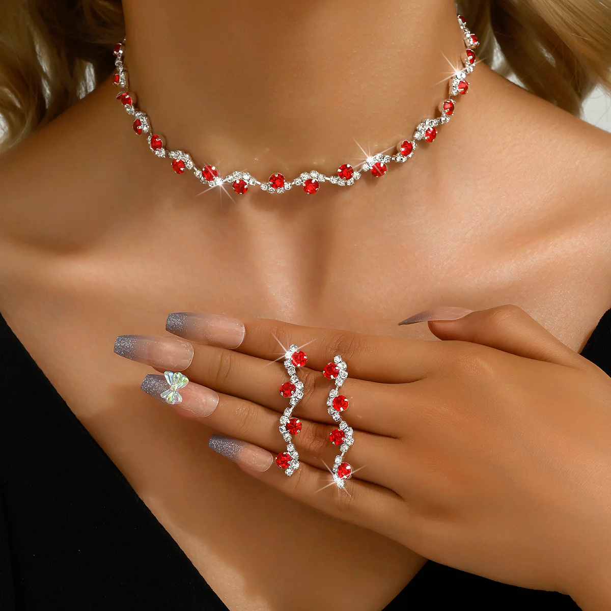 3pc Rhinestone Flower Necklace & Earrings Set - Image 2
