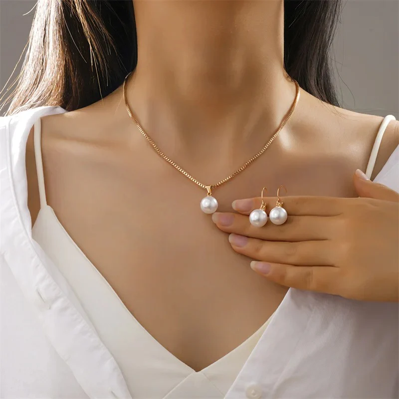 3pc Round Pearl Necklace and Earring Set - Image 3