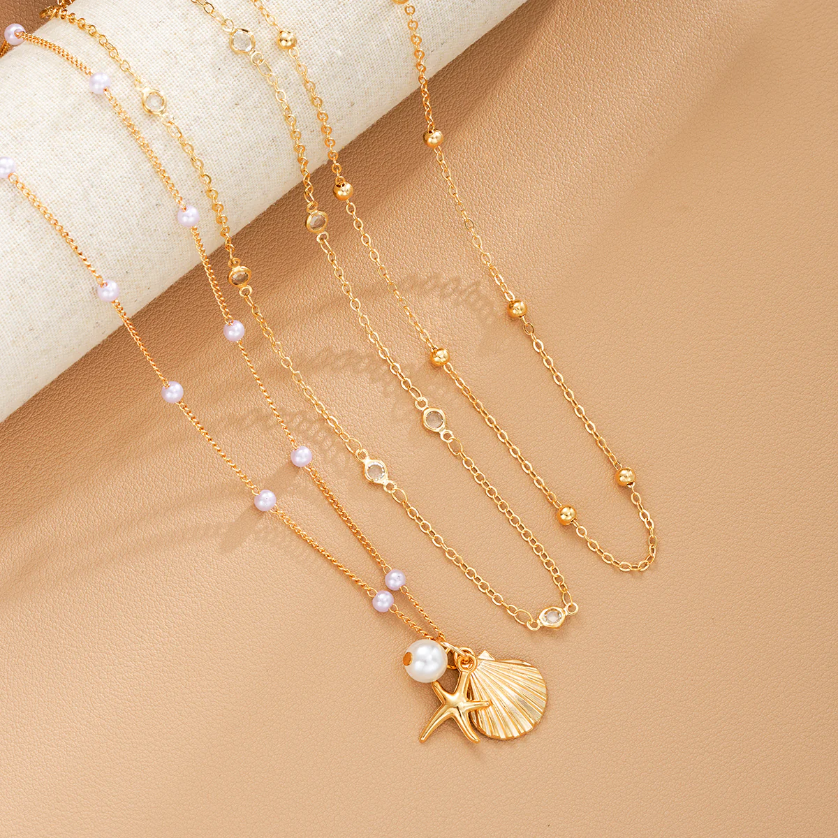 3pc Seashell Pearl Layered Necklace Set - Image 2