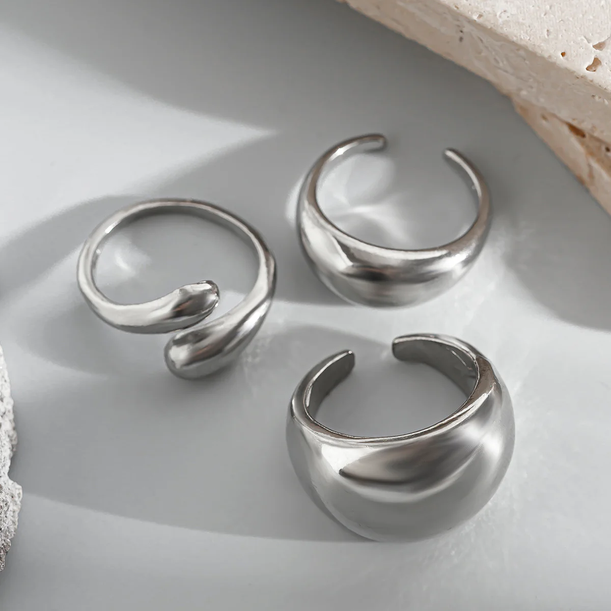 3pc Silver Geometric Punk Ring Set - Image 2