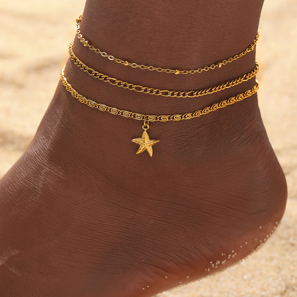3pc Starfish Charm Anklet Set