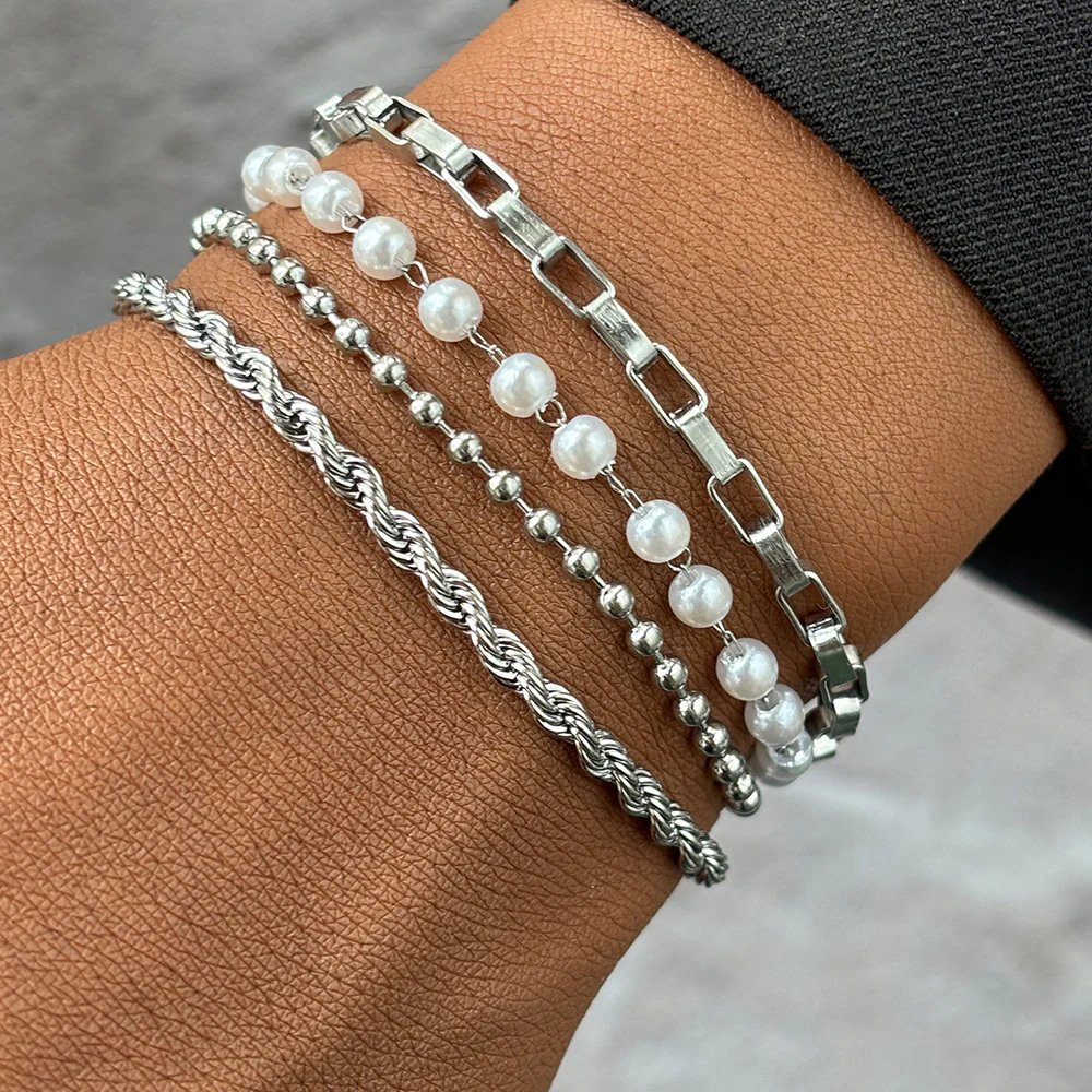4pc Gold & Pearl Chain Bracelet Set - Image 2