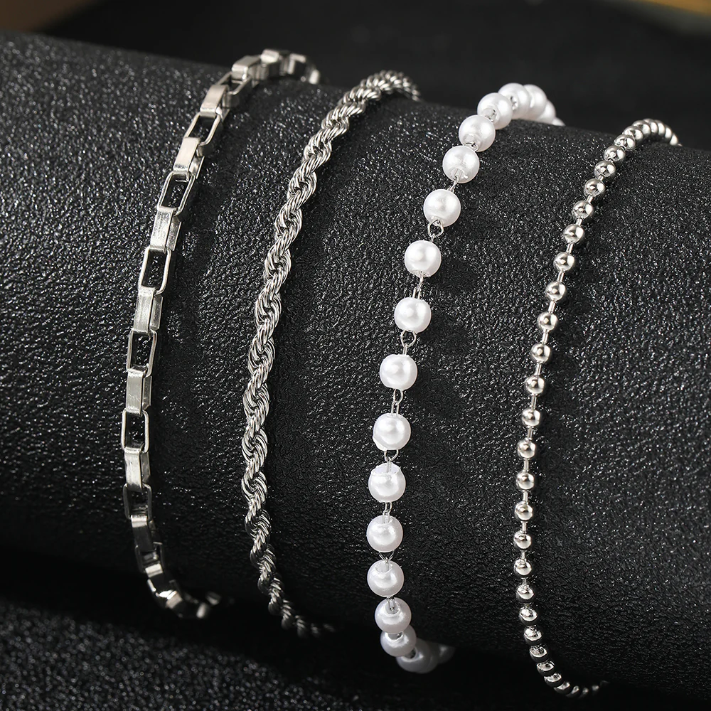4pc Gold & Pearl Chain Bracelet Set - Image 3