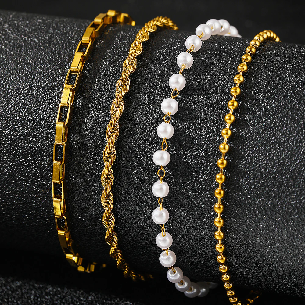 4pc Gold & Pearl Chain Bracelet Set - Image 4