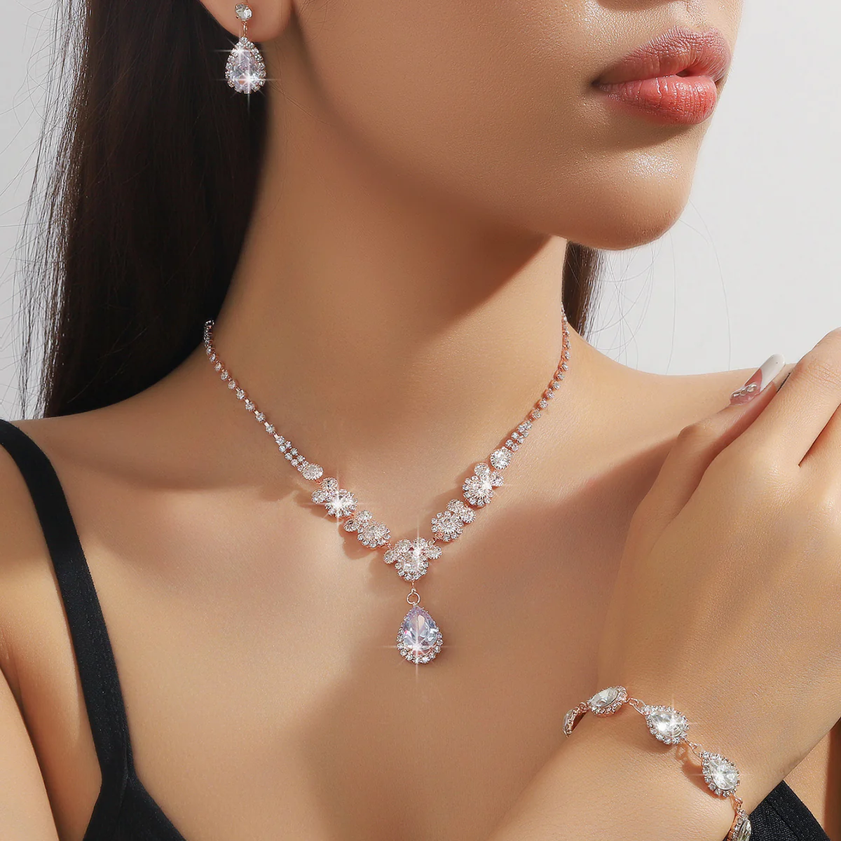 4pc Rhinestone Water Droplet Jewelry Set - Image 3