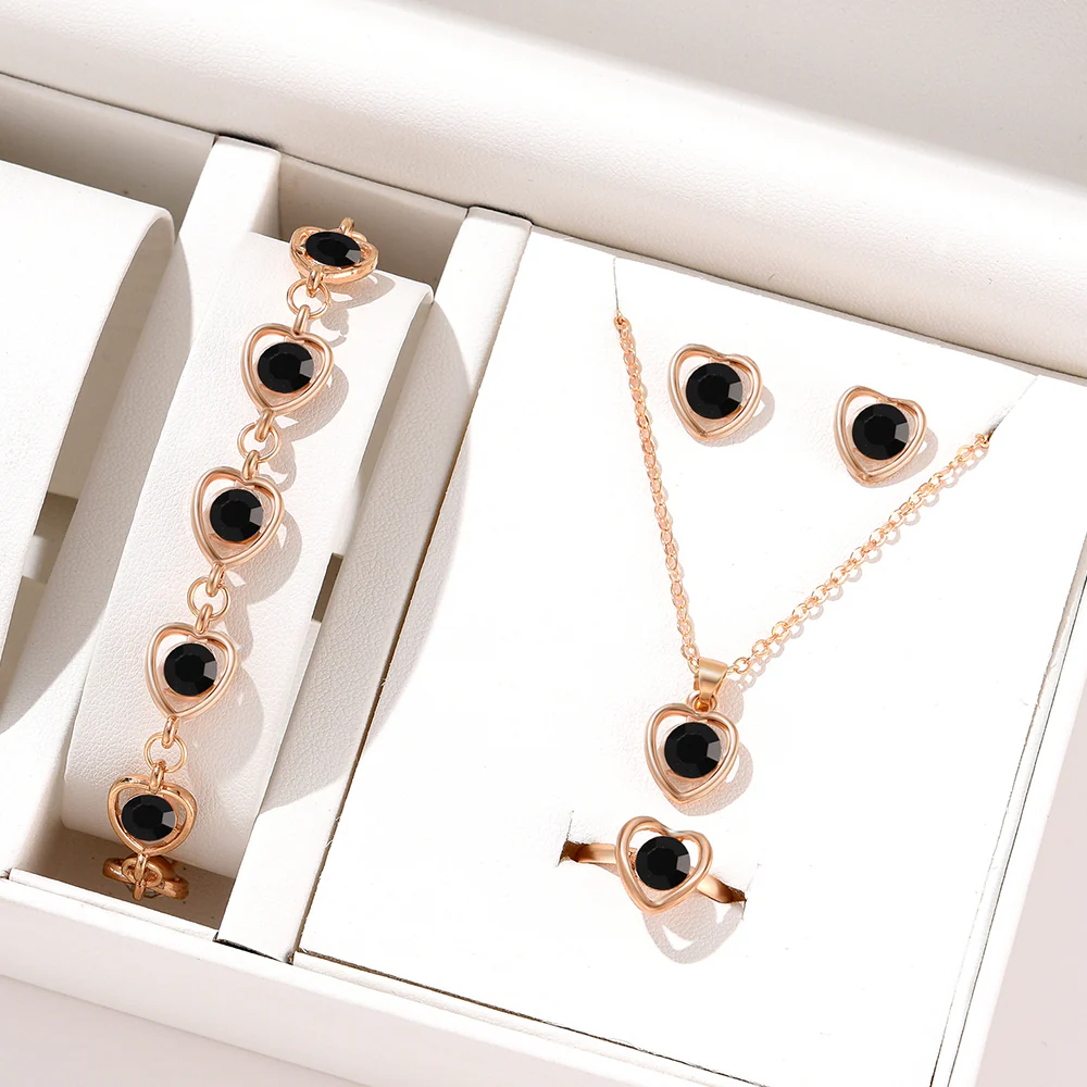 4pc Rose Gold Heart Crystal Jewelry Set - Image 3