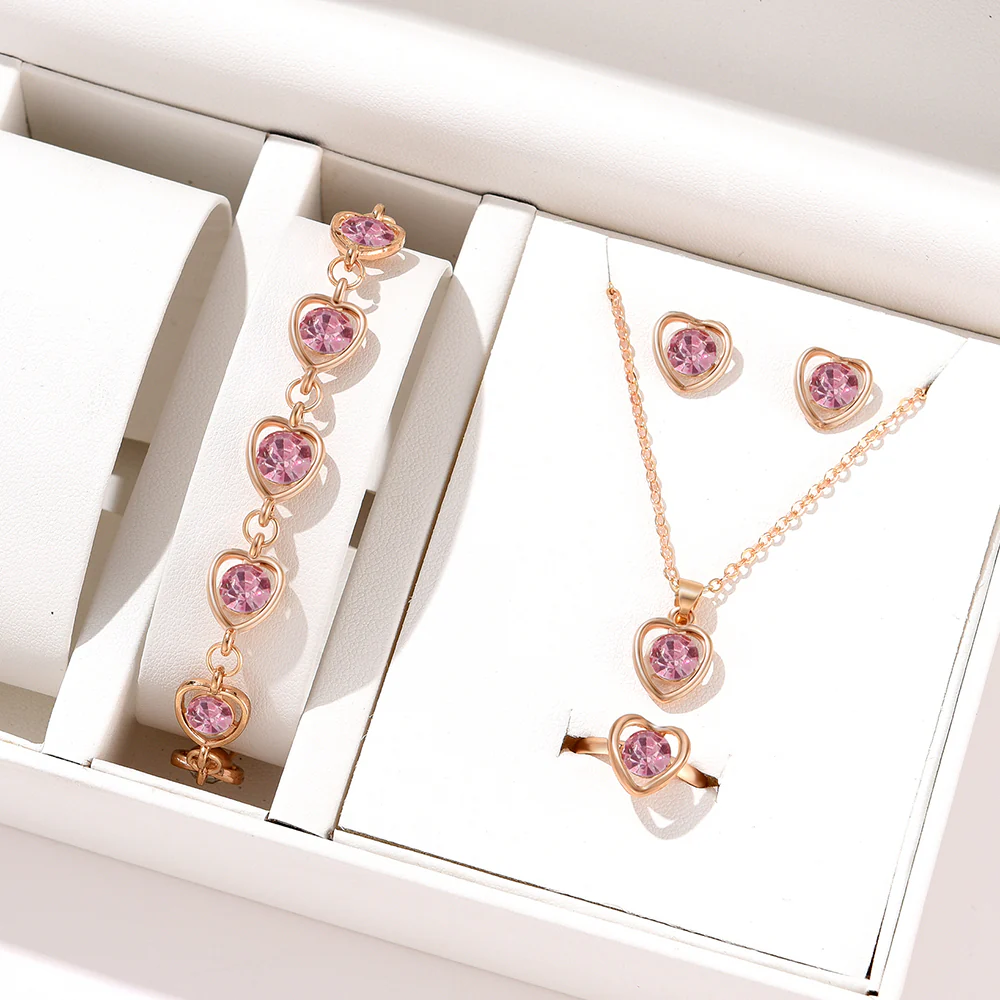 4pc Rose Gold Heart Crystal Jewelry Set - Image 5