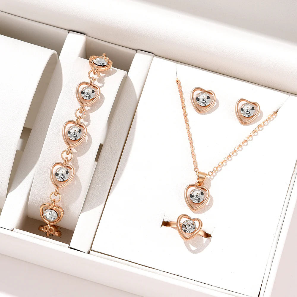 4pc Rose Gold Heart Crystal Jewelry Set - Image 7