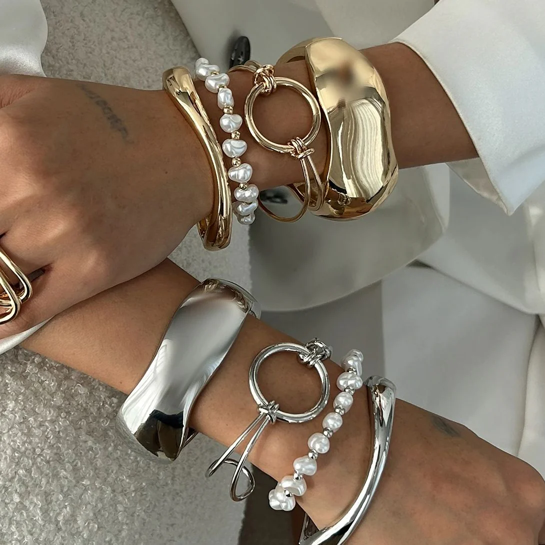 4pc Sculptural Gold & Pearl Bracelet Set - Image 2