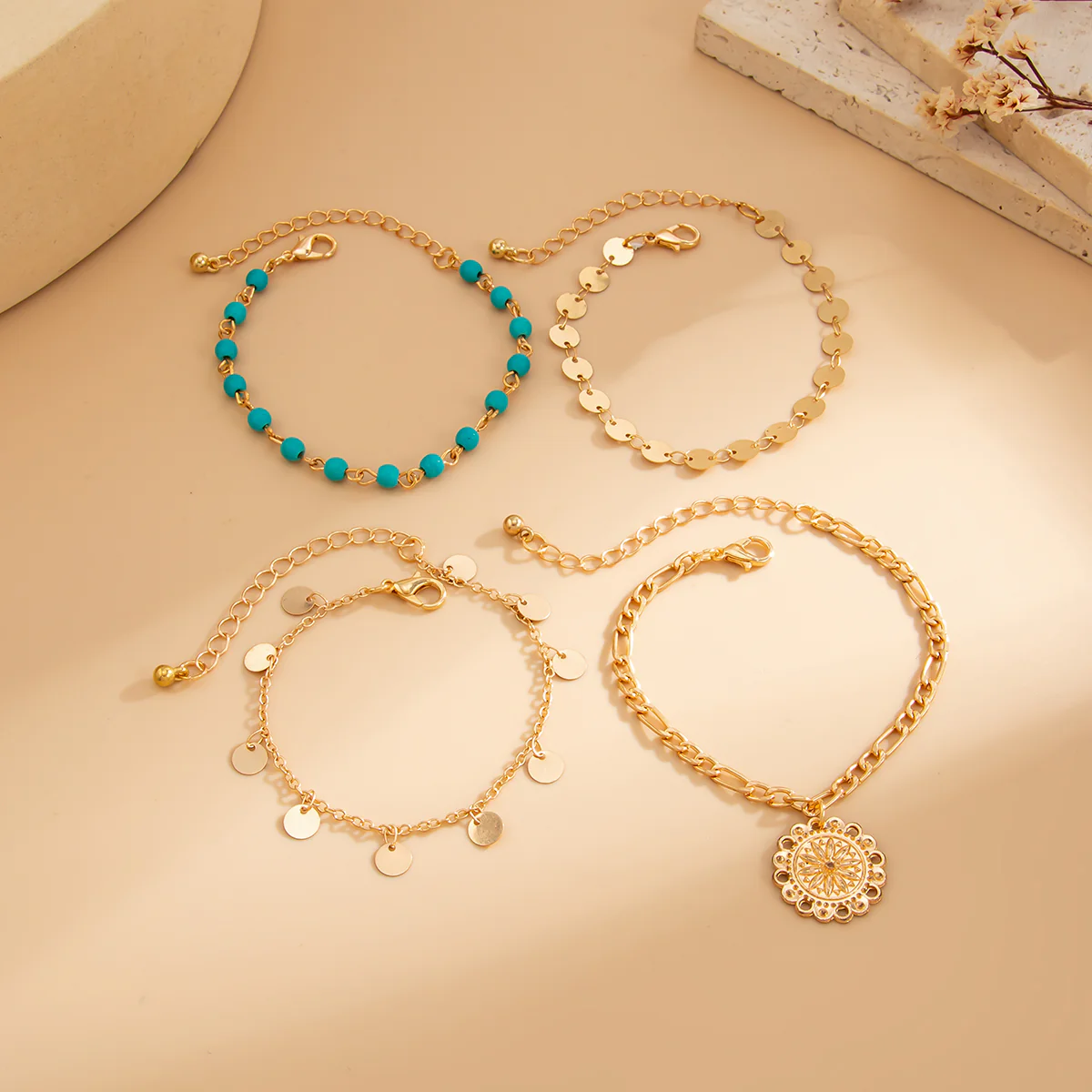 4pc Vintage Sequin & Sun Pendant Bracelet Set - Image 2