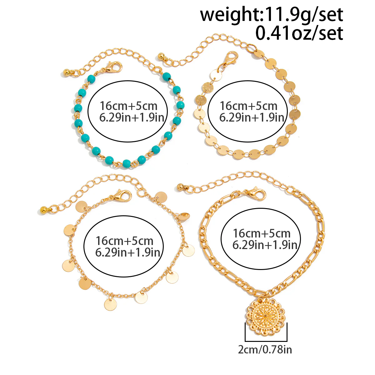 4pc Vintage Sequin & Sun Pendant Bracelet Set - Image 3
