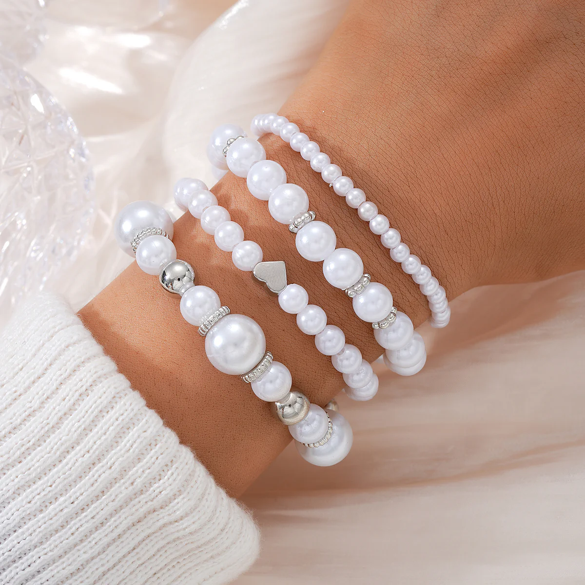 4pc White Pearl Beaded Bracelet Set - Image 2