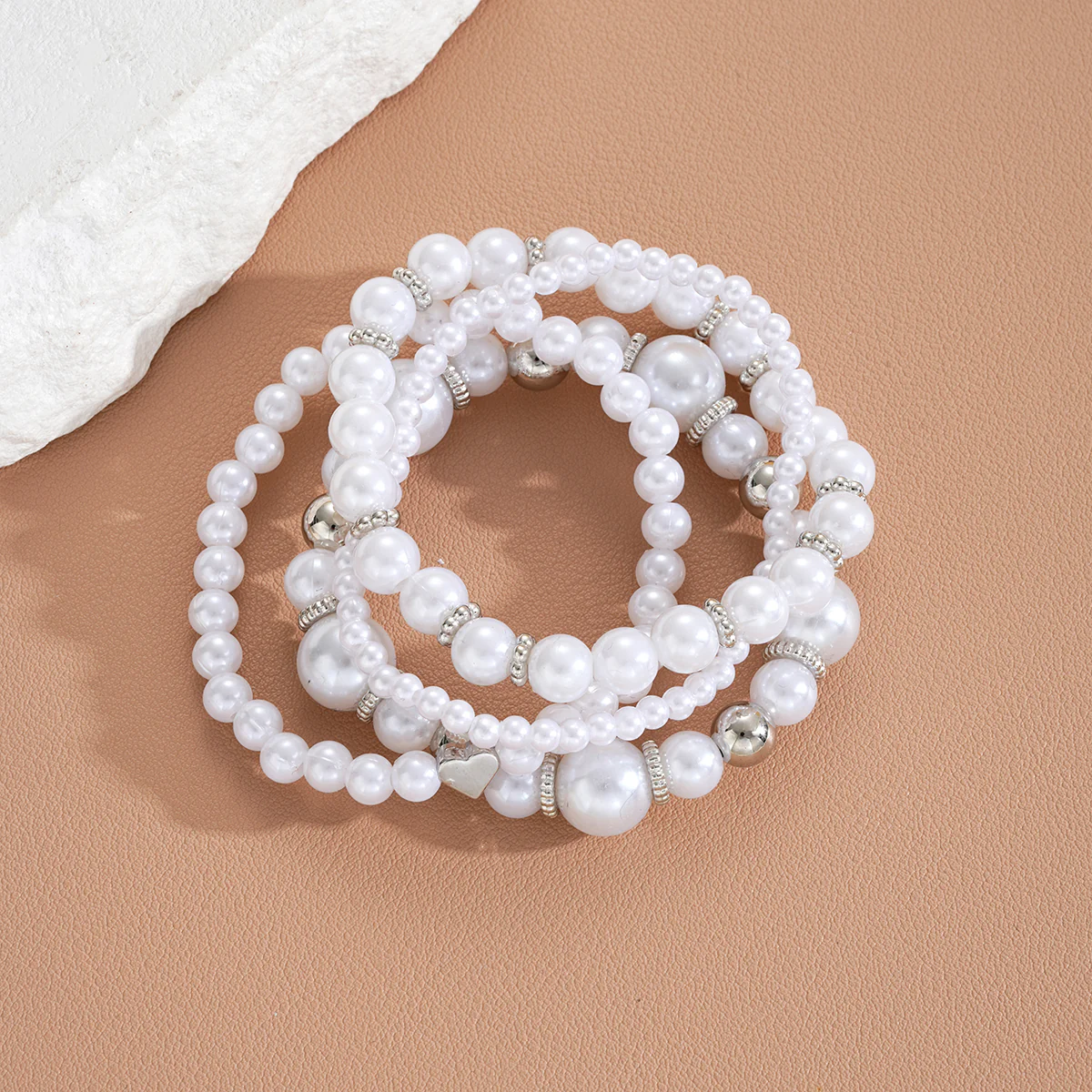 4pc White Pearl Beaded Bracelet Set - Image 4