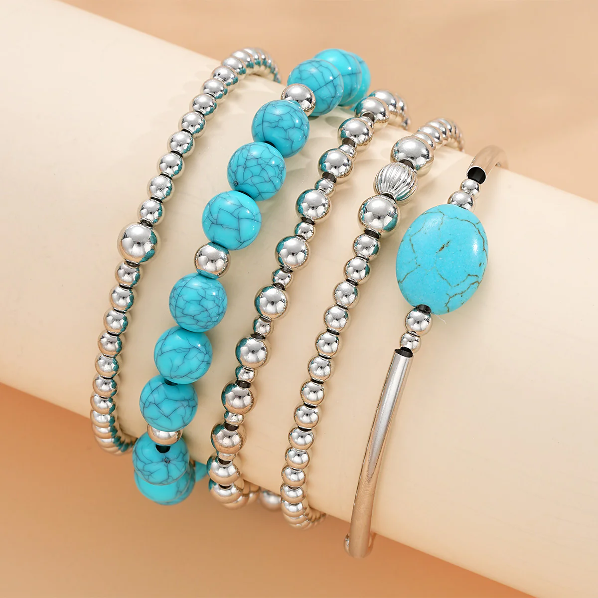 5pc Boho Turquoise & Silver Bangle Bracelet Set - Image 2