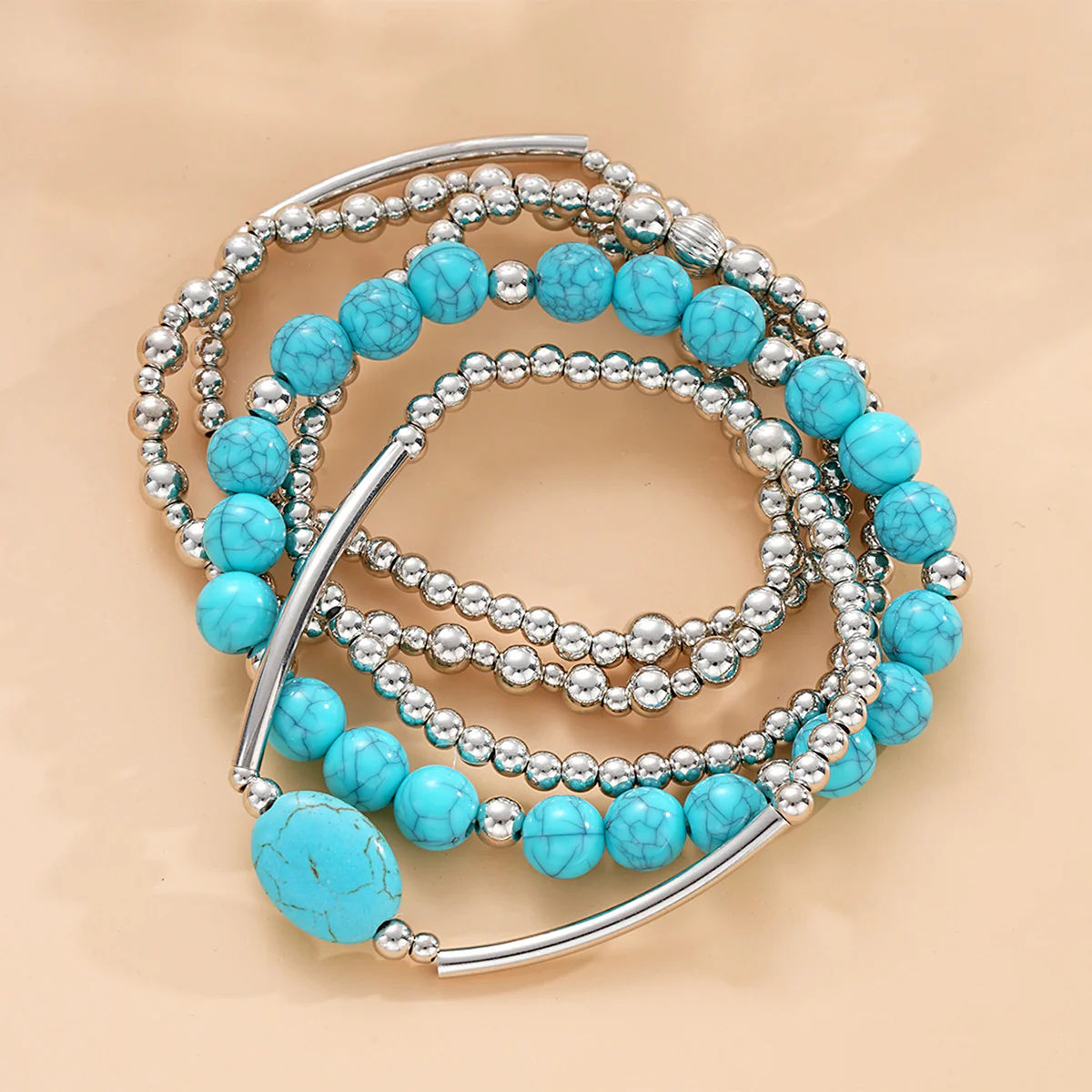 5pc Boho Turquoise & Silver Bangle Bracelet Set - Image 3