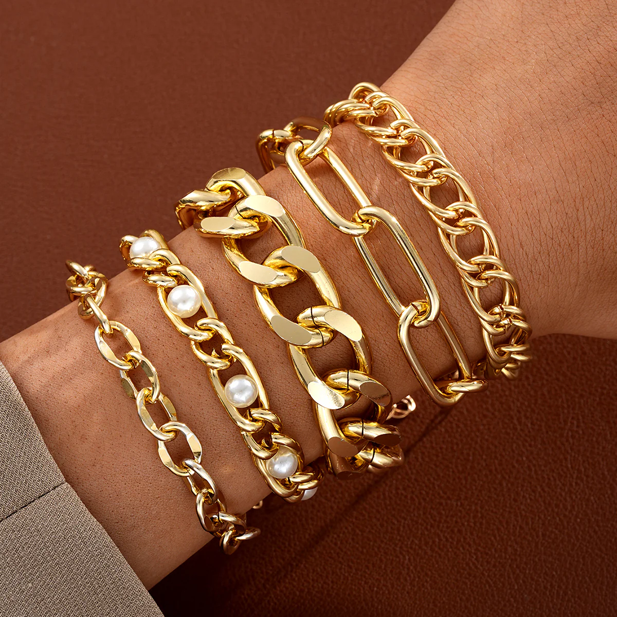 5pc Chunky & Pearl Bracelet Set