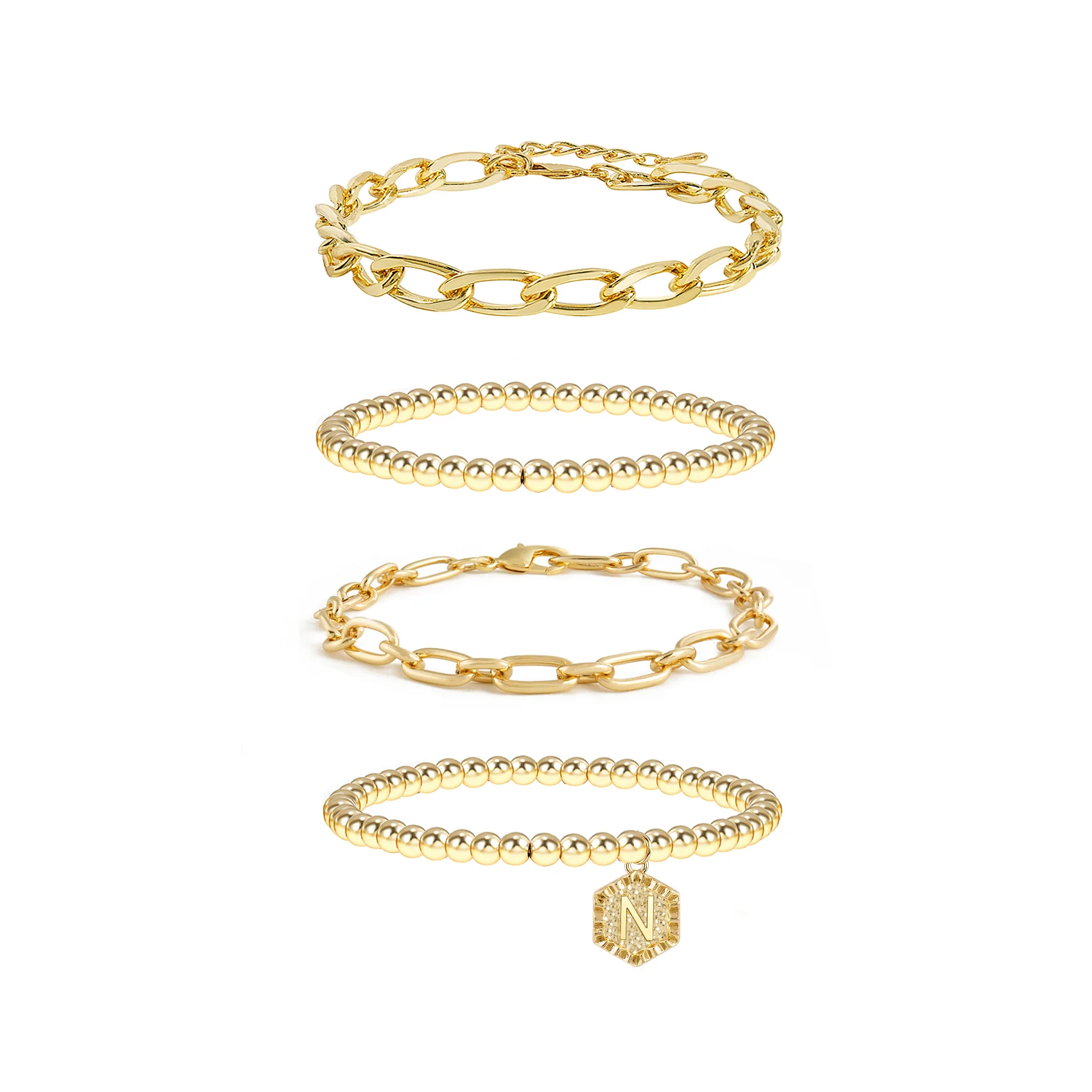 5pc Gold Beaded Chain Bracelet Set with Initial Charm - Image 16