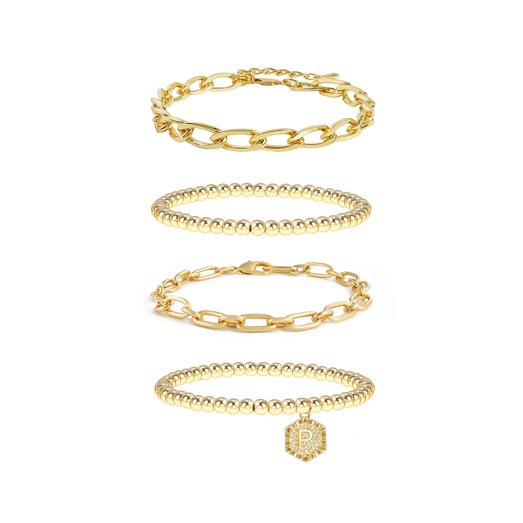 5pc Gold Beaded Chain Bracelet Set with Initial Charm - Image 18