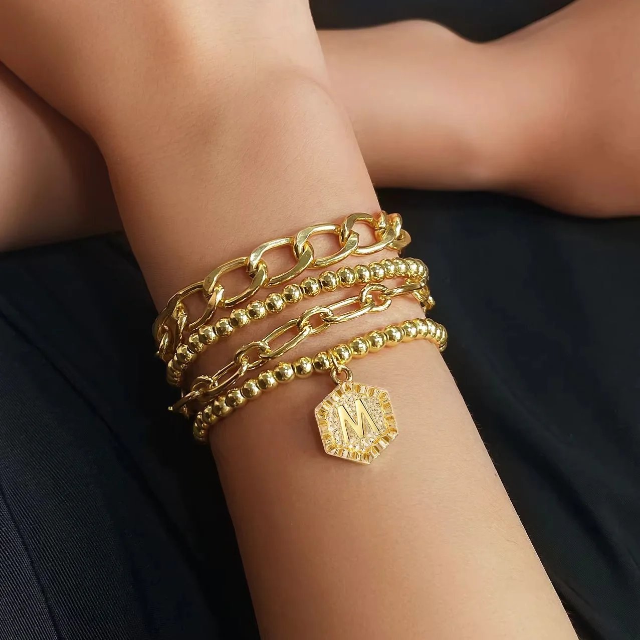 5pc Gold Beaded Chain Bracelet Set with Initial Charm - Image 2