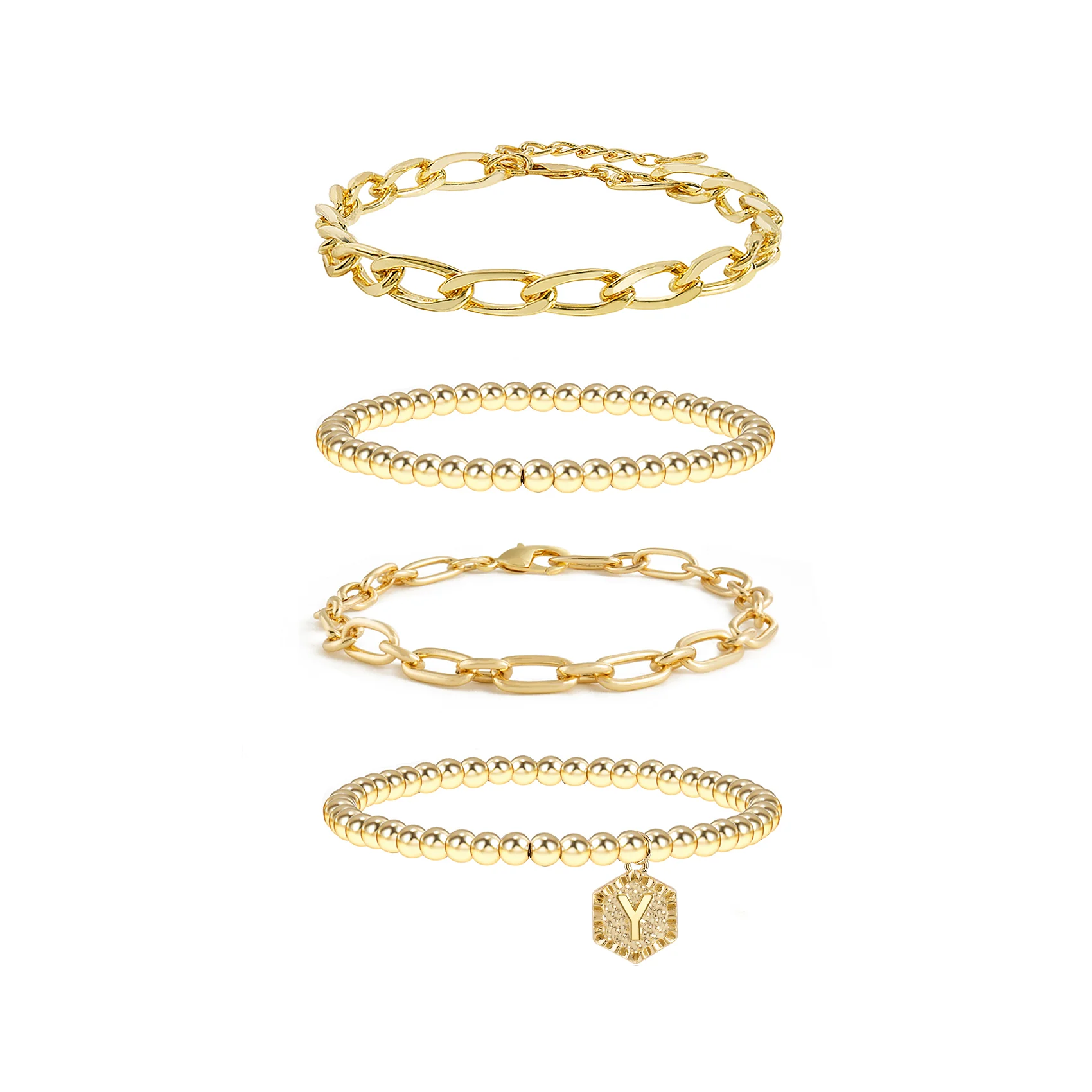 5pc Gold Beaded Chain Bracelet Set with Initial Charm - Image 27