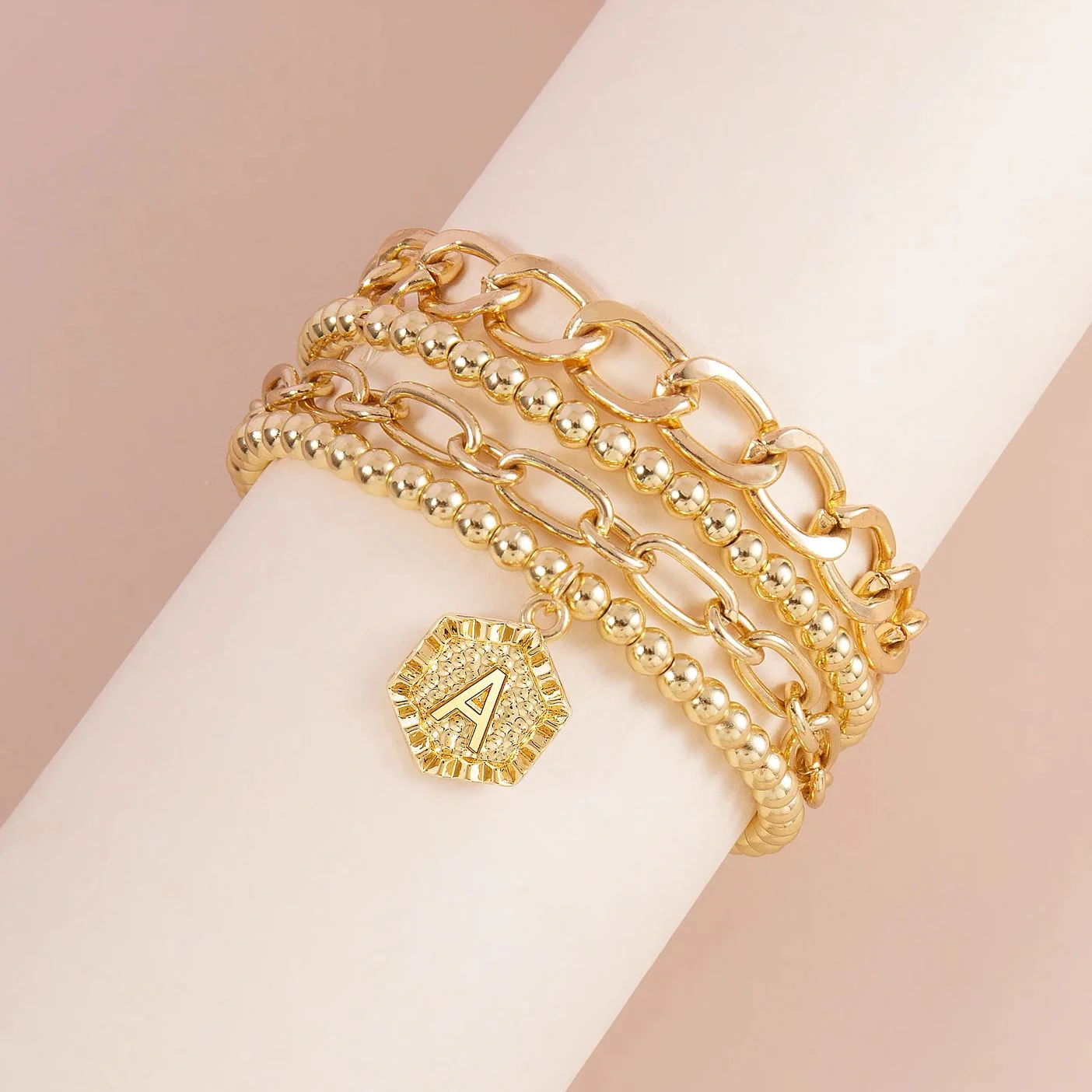 5pc Gold Beaded Chain Bracelet Set with Initial Charm - Image 29