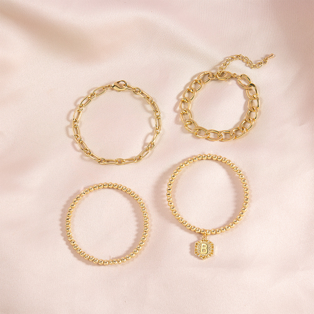 5pc Gold Beaded Chain Bracelet Set with Initial Charm - Image 30