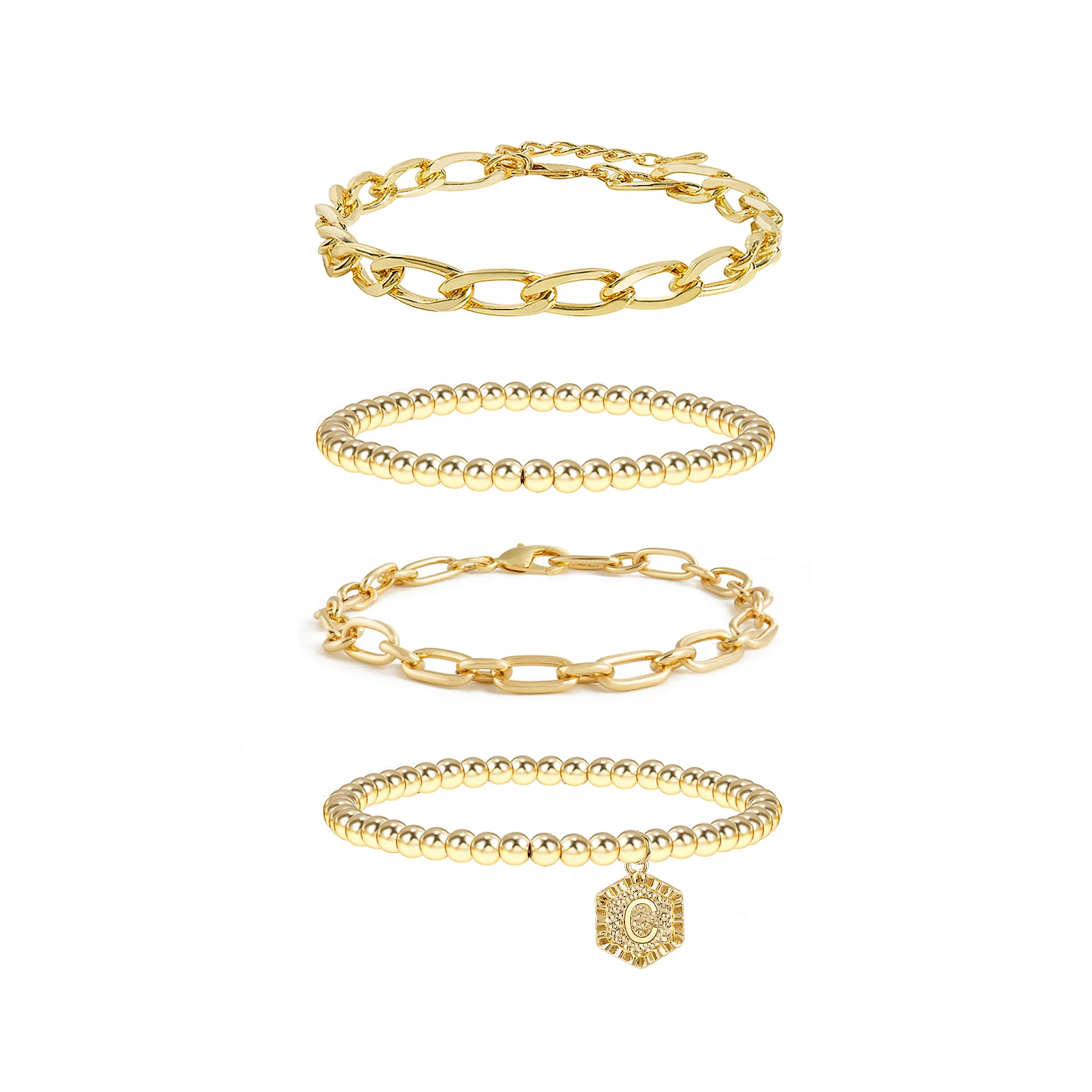 5pc Gold Beaded Chain Bracelet Set with Initial Charm - Image 5