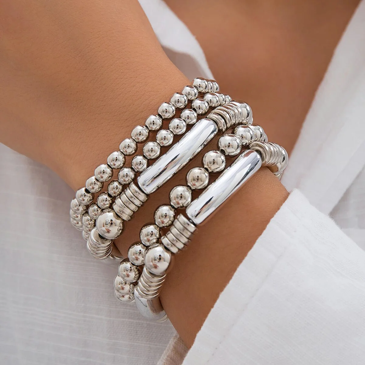 5pc Gold Beaded Stretch Bracelet Set - Image 2