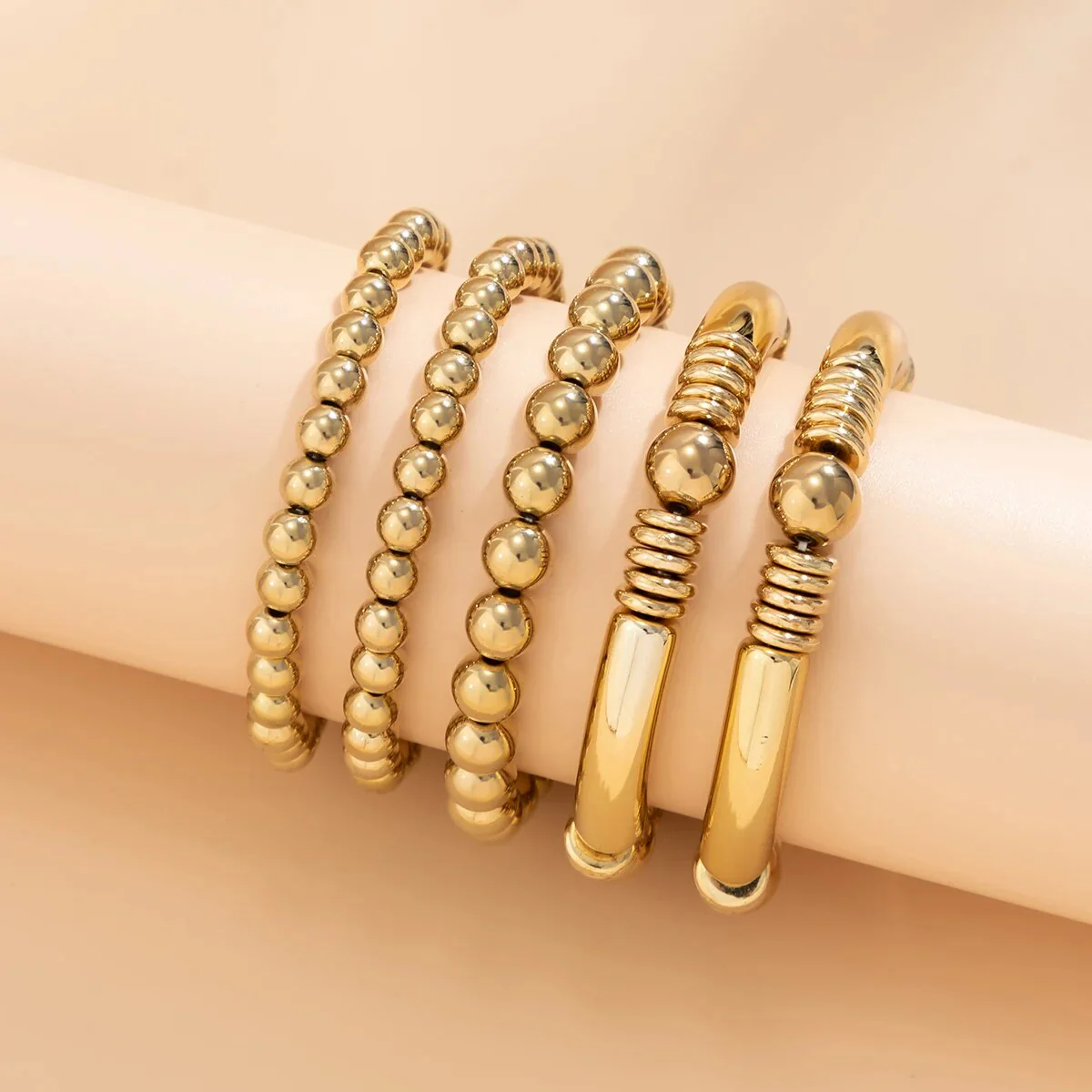 5pc Gold Beaded Stretch Bracelet Set - Image 3