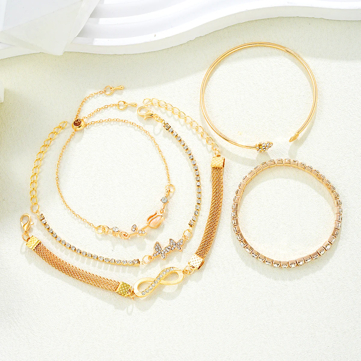 5pc Gold Butterfly & Heart Bracelet Set - Image 2